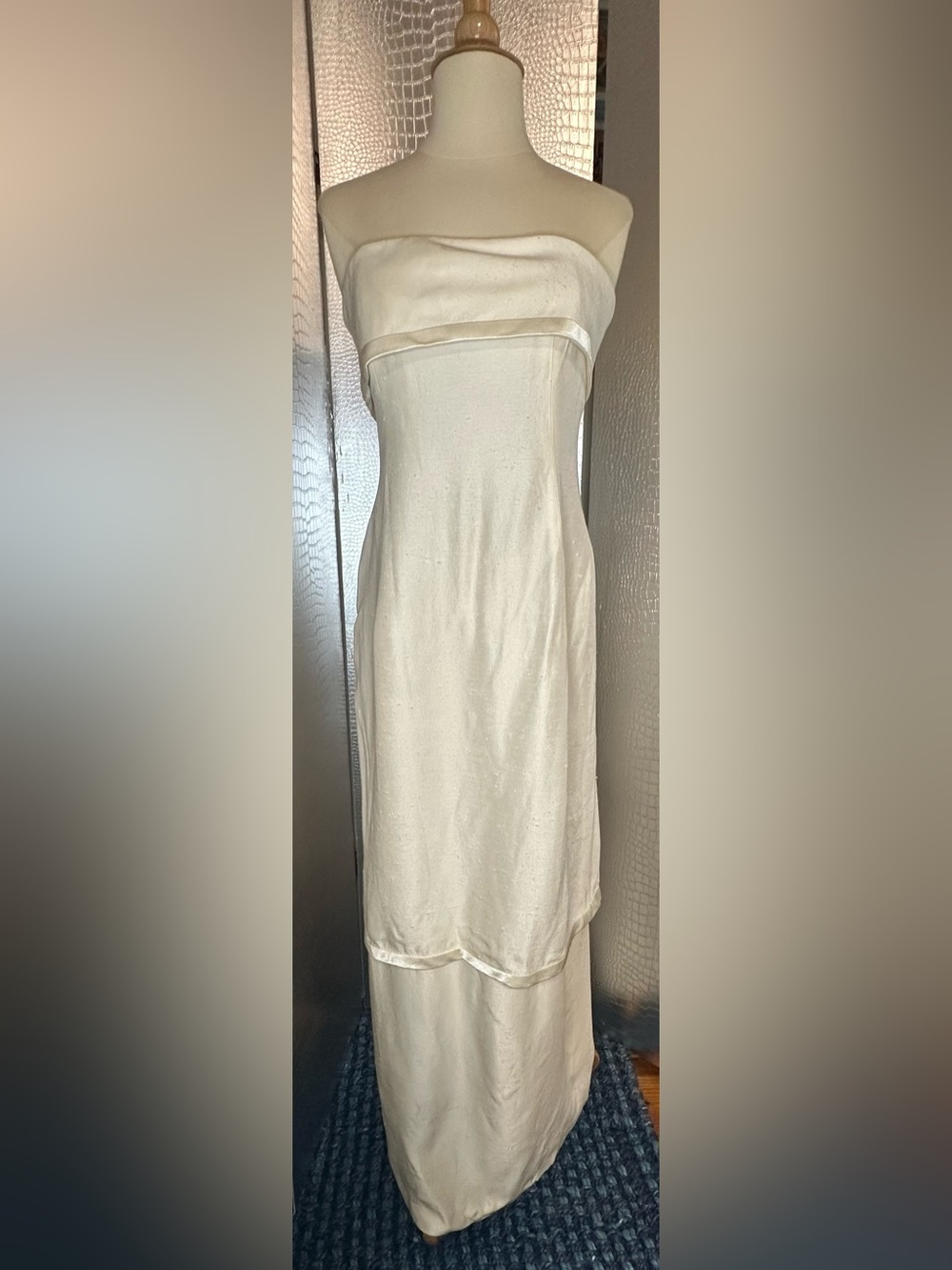 Oleg Cassini Black Tie Vintage Tiered Ivory Cream Strapless Maxi Column Dress